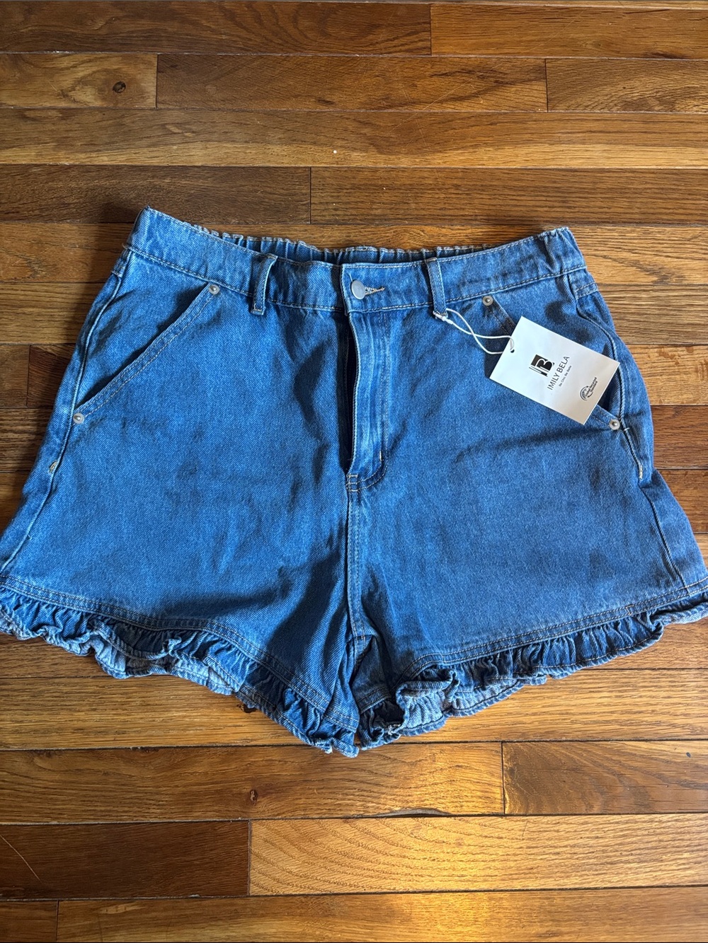 Ruffled Hem Denim Shorts - Blue